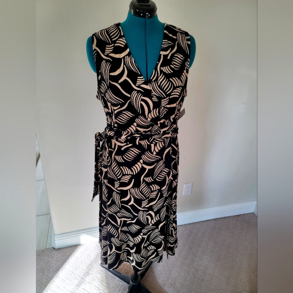 DM Collection Faux Wrap Tan and Black Dress